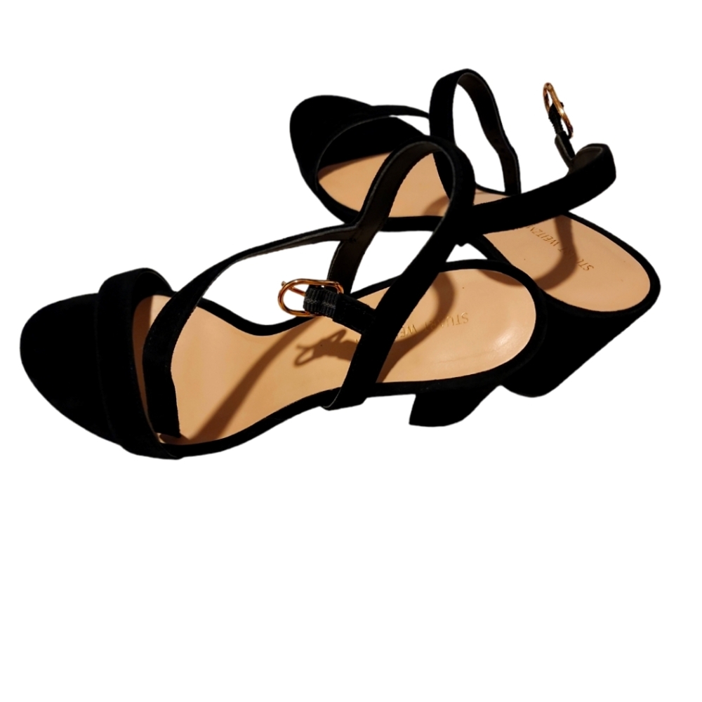 Stuart Weitzman Black Suede block sandal heels